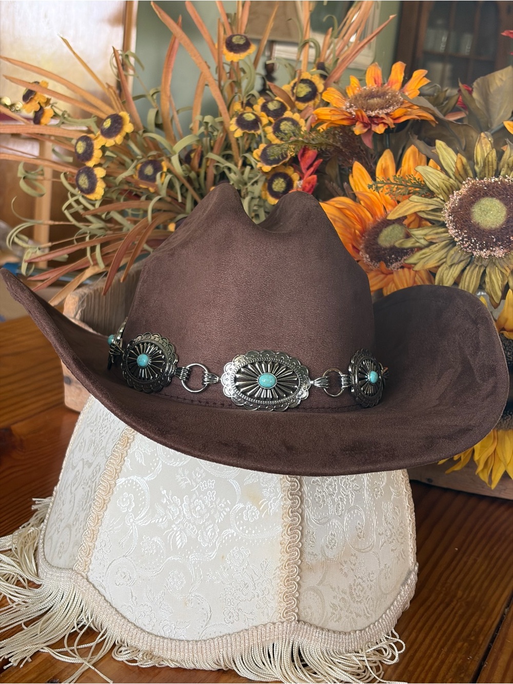 Stylish Brown Suede Western Cowboy Hat Featuring Turquoise Concho Band New